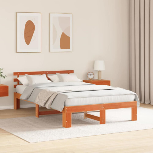 VidaXL vidaXL Bed Frame with Headboard Wax Brown 135 x 190 cm Solid Pine Wood 1