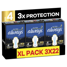 Always Ultra Sanitary Towels, Size 4 Secure Night, Extra Large Pack, 66 Count, Super Absorbent, Ultra Thin Pads with Wings for Overnight Protection