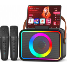 Macchina per karaoke con 2 microfoni, altoparlante Bluetooth da 8 W e luci a LED, ideale per feste e per l'uso in famiglia.