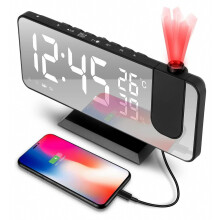 Sveglia con proiezione a 180 gradi con USB, display LED a specchio da 7,5 pollici, radio FM, visualizzazione di temperatura e umidità, LED