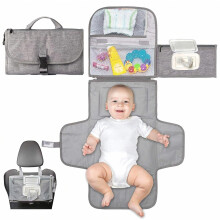 Trocador dobrável e impermeável com bolso para lenços umedecidos, cinza, portátil, ideal para recém-nascidos e viagens.