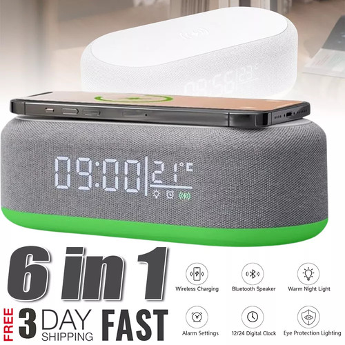Multifunction Alarm Clock Wireless Charger Bluetooth Speaker RGB Night Light NEW
