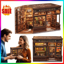 DIY Book Nook Corner Coffee Shop Wooden Doll House Kit Miniature Bookshelf Model