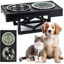 Lot de 2 Gamelles Surélevées pour Chien Hauteur Réglable 20-30cm avec Bol Anti-Glouton et Gamelle d'Eau en Inox