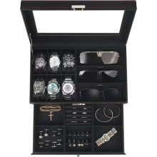 Storage Box W/ Watch Compartments Compartments Drawer Glass Cover Key Lock