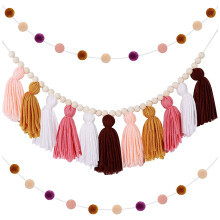 Boho Tofs Krans Tofs VäGghäNgande Dekor Pastell Tofs Banner med TräPäRlor och 2 Delar FäRgglada Pom Pom(A)