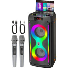 Karaoke Bluetooth - JAPOUCA - Macchina per Karaoke Bluetooth Portatile - 2 microfoni senza fili - Luci disco - Batteria 4500mAh