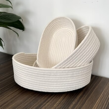 Set of 3 Cotton Rope Storage Baskets - Small Brown Oval Organizers for Bathroom, Nursery Home, Handmade Woven White