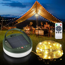 i 1 solcelledrevne campinglyskæder, 115 meter ultralang kæde med 150 lysdioder, 3600 mAh solcelledrevet og USB-genopladelig lyskæde