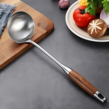 Cucharón para sopa, cucharón de cocina de acero inoxidable 304, cuchara, utensilios para wok con mango largo de madera, plateado, 146 p