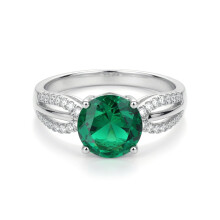 (R) Jewelco London Ladies Sterling Silver Emerald-Green Cubic Zirconia Shoulder Set Solitaire Engagement Ring - GVR790EM