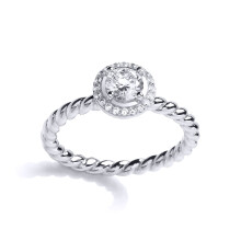(R) Jewelco London Ladies Sterling Silver Cubic zirconia Rope Twist Halo Solitaire Engagement Ring - GVR804