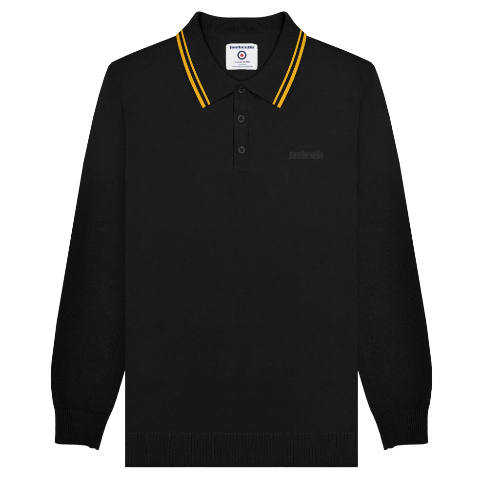 Lambretta (M, Black/Gold) Mens Knitted Tipped Long-Sleeved Polo Shirt