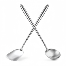 Sada 2 wok špachtlí a naberačiek 43 cm, wok náradie, naberačka a špachtľa, kuchynské náčinie z vysoko kvalitnej nehrdzavejúcej ocele