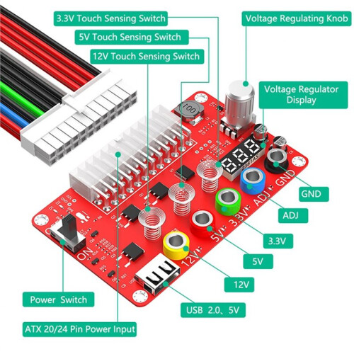 ATX 24Pin Power Supply Splitter Acrylic Case Kit ADJ Voltage Knob Touching Sensor  Power Module 2