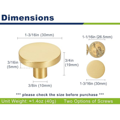 10-pack Gold Kitchen Cabinet Knobs, Solid Brass Knobs for Dresser Drawer, Round Minimalist Bathroom Cabinet Pulls 1