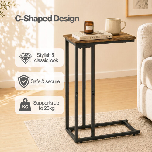 Levede Side Table C Shaped Space Saving for Sofa Bedroom Rustic Brown 2