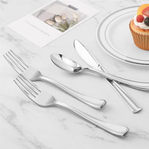 Pre Rolled Silver Plastic Silverware Set,Pre Rolled Napkins with Silver Cutlery Set for Party,Birthday Silver 1