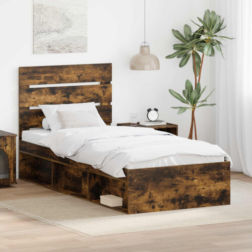 VidaXL vidaXL Bed Frame with Headboard Smoked Oak 75 x 190 cm Solid Pine Wood
