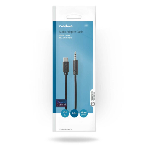 USB-C adaptér | USB 2.0 | USB-C samec | 3,5 mm samec | 1,00 m | Kulatý | Poniklovaný | PVC | Černá | Box 2