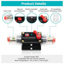 150A Audio Inline Circuit Breaker with Manual Reset 12-24V, 4-12 AWG 150 AMP Circuit Breaker Inline Fuse for Car Audio