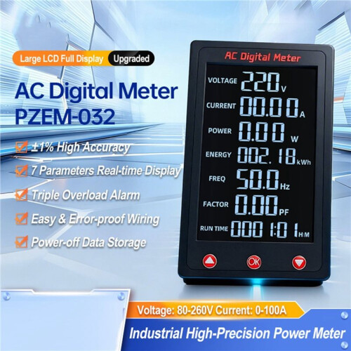 Peacefair High-Precision AC Digital Display Meter 80-260V/100A Voltage Current and Power Meter Overload Alarm Closure 2