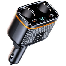 Multi-Port Car Charger PD45W with Digital Voltage Display and 6-Port Cigarette Lighter Splitter, 12-24V Input