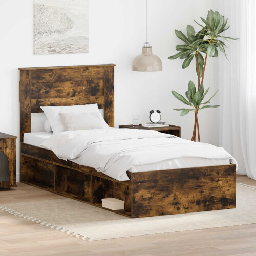 VidaXL vidaXL Bed Frame with Headboard Smoked Oak 75 x 190 cm Solid Pine Wood
