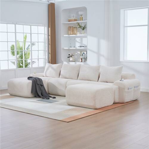 (Beige, Corduroy) Modular Cord Sofa Set: 4-Seater + 2 Ottomans