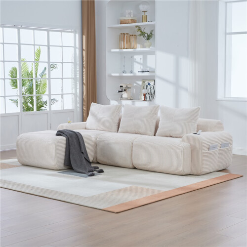 (Beige, Corduroy) Configurable Beige Cord Sofa + Ottomans