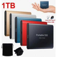SSD esterno portatile da 1 TB USB-C OTG, formato mini, colore blu, con custodia in tessuto inclusa.