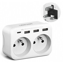 Universal Travel Plug Adapter 6 in 1, 2 USB, 1 Type-C, 2 AC Outlets, 3250W, France to Type G UK Plug