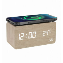 Digital Alarm Clock with Wireless Smartphone Charging, Adjustable Lighting, 3 Programmable Alarms, Wood Finish