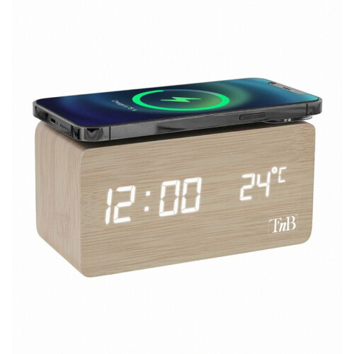 Digital Alarm Clock with Wireless Smartphone Charging, Adjustable Lighting, 3 Programmable Alarms, Wood Finish
