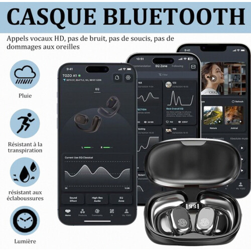 Wireless Bluetooth 5.3 Open Ear Earbuds, 75H HiFi Stereo, LED Digital Display, IPX7 Waterproof 1