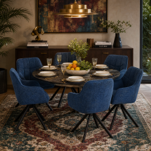 (Blue, Set of 6) Chenille Swivel Dining Chairs, Armchairs with Metal Legs for Kitchen, Home & Office