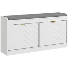 (White, Engineered Wood) Upholstered Shoe Bench with 2 Flip Drawers & Vents