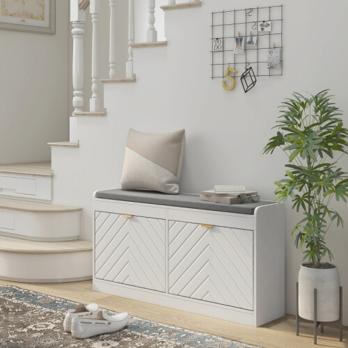 (White, Engineered Wood) Upholstered Shoe Bench with 2 Flip Drawers & Vents 1