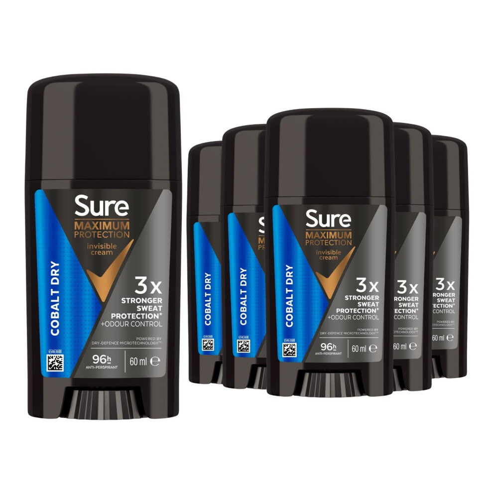 Sure Men Maximum Protection Anti-Perspirant Cream, Cobalt Dry, 60Ml, 6 Pack