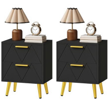 DWVO 2-Drawer Nightstand Set of 2, Compact Bedside Storage Cabinets with Shelves, Small End Tables for Bedroom Living Room or Office, Black and Gold
