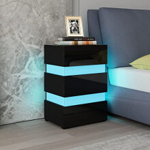 BESTWANTED Bedside Table, Black Gloss Bedside Cabinet High Gloss LED Bedside Table 3 Drawers Nightstand Storage Cabinet Bedroom Furniture 67 x 35 x