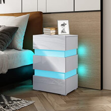 BESTWANTED Bedside Table, White Gloss Bedside Cabinet High Gloss LED Bedside Table 3 Drawers Nightstand Storage Cabinet Bedroom Furniture 67 x 35 x