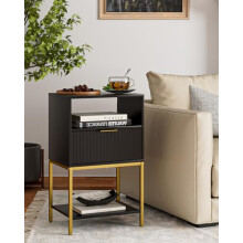 HEYZOEY Bedside Table,Side Table with Gold Frame,Tall Black Side Table,Bedside Furniture,3-Tier Storage End Table,Nightstand for Bedroom,Living Room