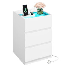 IRONCK Bedside Table Glass Top Bedside Cabinet with LED & Charging Station