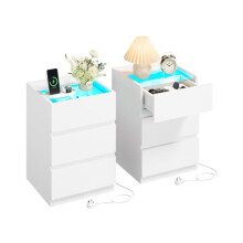IRONCK Bedside Table Glass Top Bedside Cabinet with LED & Charging Station