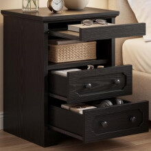 IRONCK Bedside Table with 2 Drawers, Modern Nightstand with Open Shelf, End Table with Pull-Out Tray for Bedroom, Living Room, Black