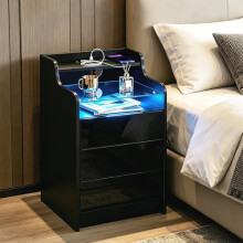 Senvoziii Black Bedside Table with Charging Station LED Light Nightstand High Gloss Bedside Cabinet Unit with 3 Drawers & Glass Shelve for Bedroom