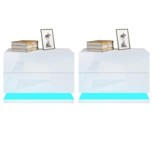 Senvoziii High Gloss Bedside Table Set of 2 with RGB LED Light Nightstand Wooden Storage Cabinet Chest of 2 Drawers for Bedroom Living Room Large
