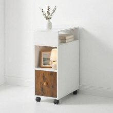 FurnitureR Rolling Bedside Table with Drawer, Narrow Nightstand on Wheels, Compact Bedroom Storage Cabinet with Open Shelf, Mobile Side Table for