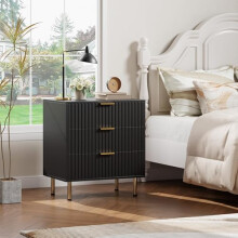 Garvee 3 Drawer Bedside Table with Gold Handles, Modern Fluted Nightstand with Large Storage Drawers, End Table for Bedroom Living Room, Sturdy Side